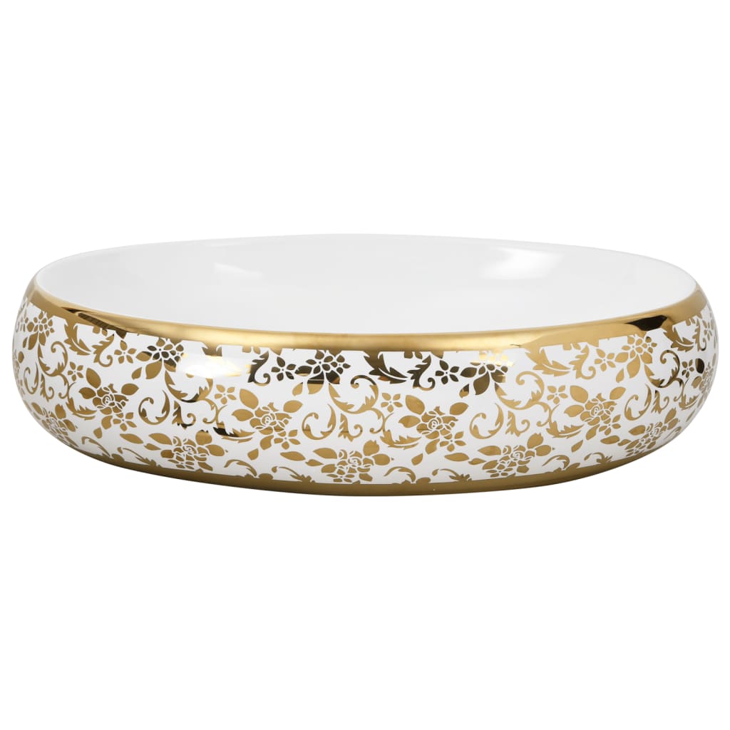 Lavabo Sobre Encimera Ovalado Cerámica Blanco Dorado 59X40X15Cm