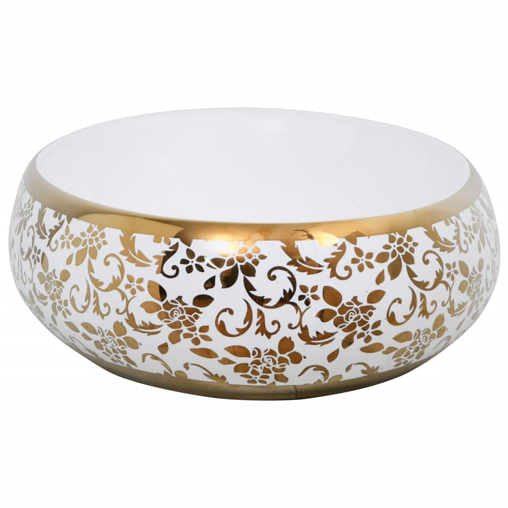 Lavabo Sobre Encimera Ovalado Cerámica Blanco Dorado 59X40X15Cm