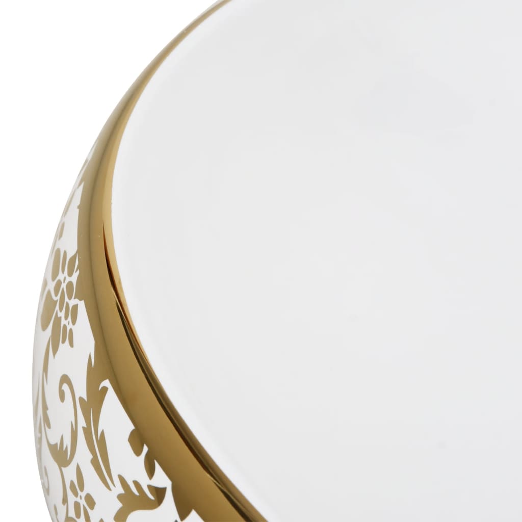 Lavabo Sobre Encimera Ovalado Cerámica Blanco Dorado 59X40X15Cm