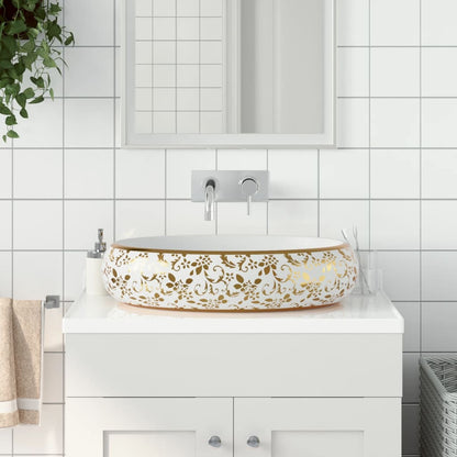 Lavabo Sobre Encimera Ovalado Cerámica Blanco Dorado 59X40X15Cm