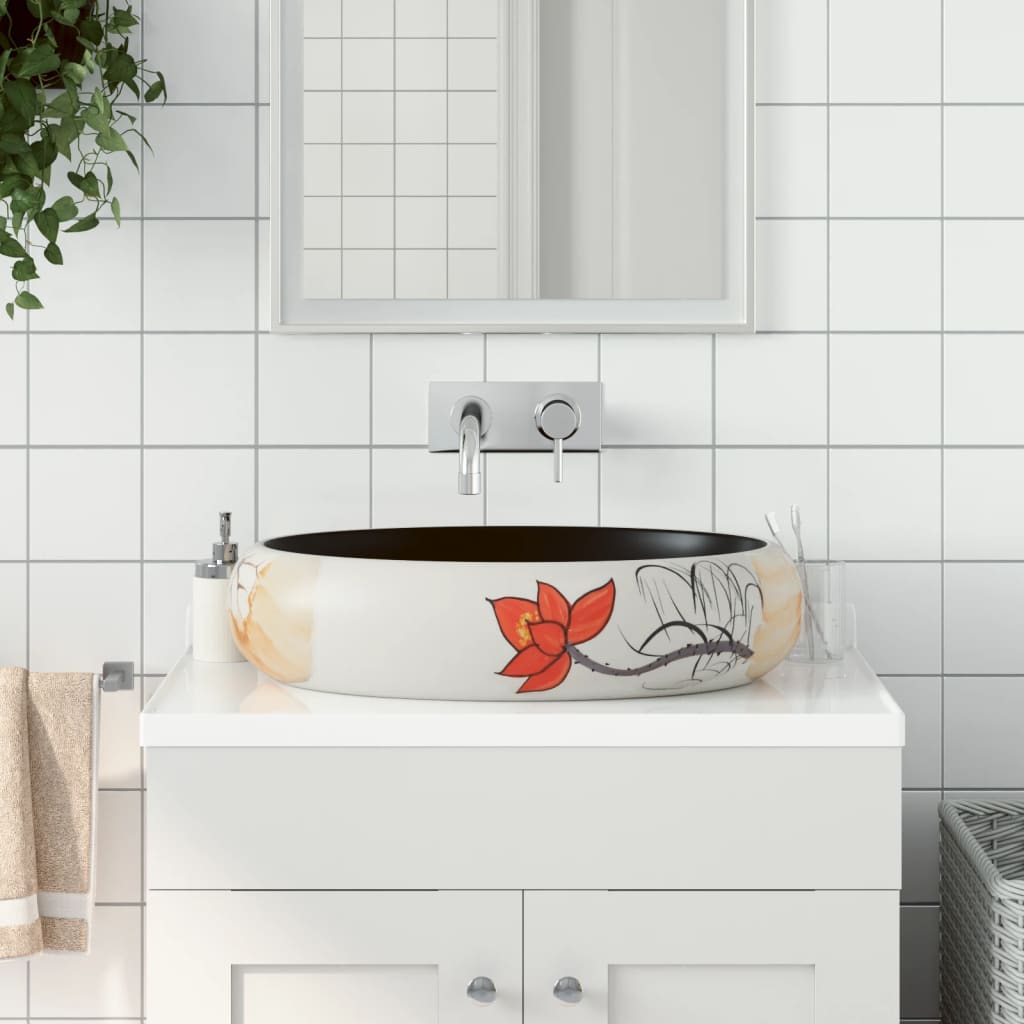 Lavabo Sobre Encimera Ovalado Cerámica Blanco Dorado 59X40X15Cm