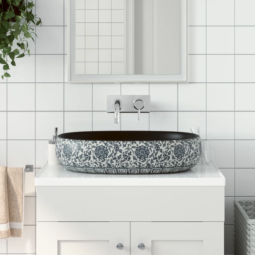 Lavabo Sobre Encimera Ovalado Cerámica Blanco Dorado 59X40X15Cm
