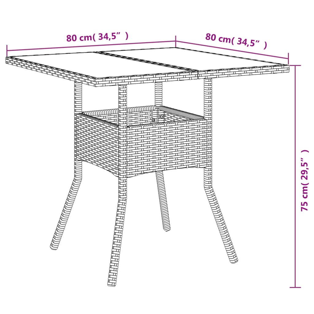Mesa De Jardín Superficie De Vidrio Ratán Pe 80X80X75 Cm