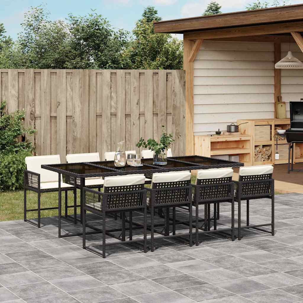 Set De Comedor De Jardín 9 Pzas Y Cojines Ratán Sintético Negro
