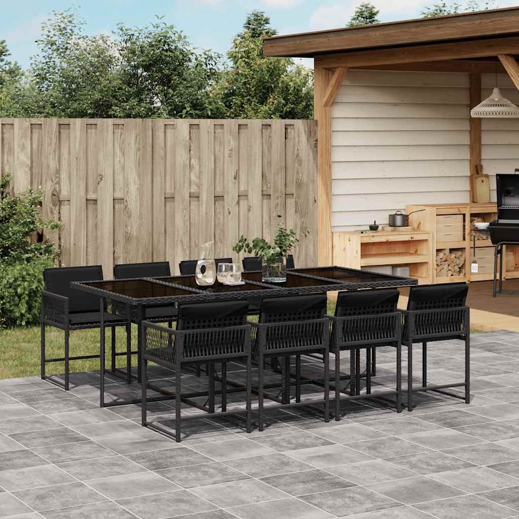 Set De Comedor De Jardín 9 Pzas Y Cojines Ratán Sintético Negro