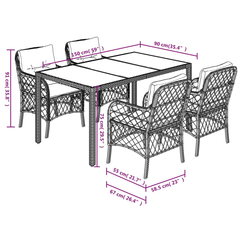 Set Comedor De Jardín 5 Piezas Con Cojines Ratán Sintético