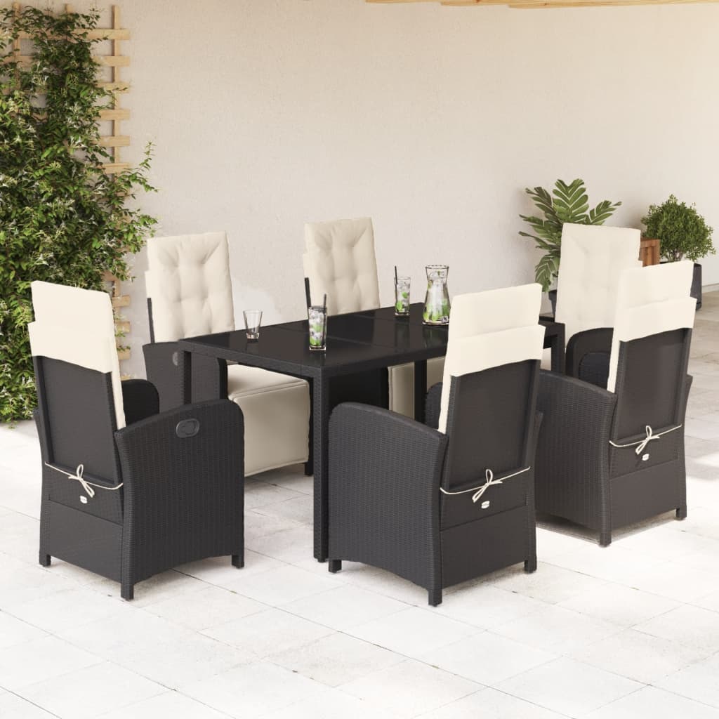 Set De Comedor De Jardín 7 Pzas Y Cojines Ratán Sintético Negro
