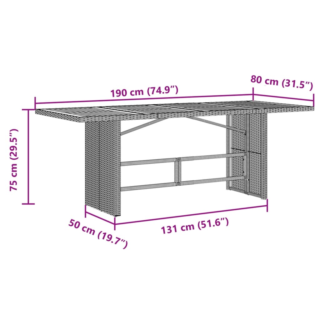 Mesa De Jardín Superficie Madera Ratán 190X80X75Cm
