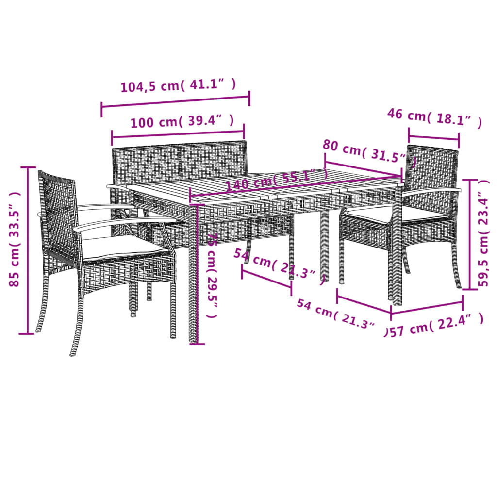 Juego Comedor Jardín 4 Piezas Con Cojines Ratán Sintético Negro