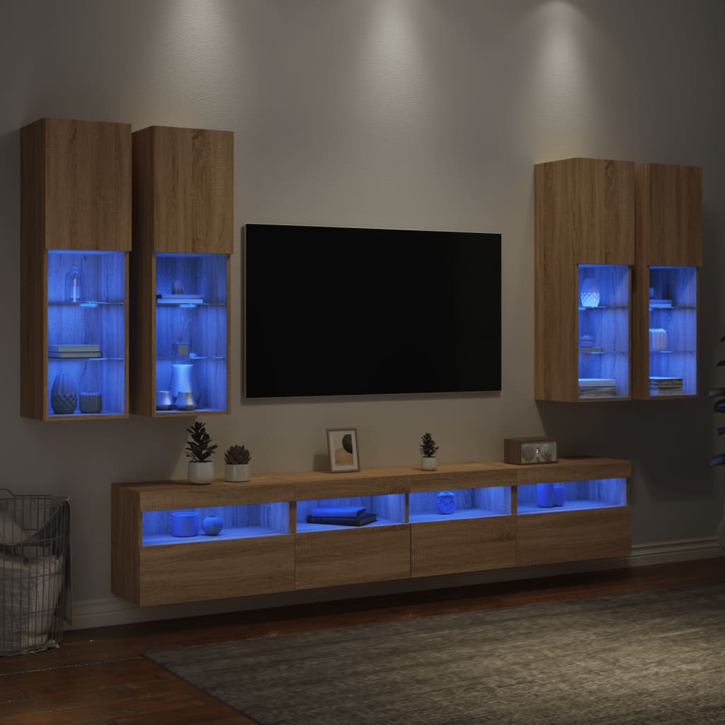 Conjunto De Mueble De Tv En La Pared Con Luces Led 7 Pcs