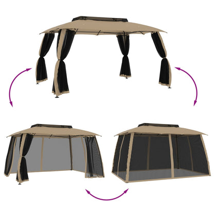 Cenador De Doble Techo Paredes De Malla Acero Taupe 3,93X2,93 M