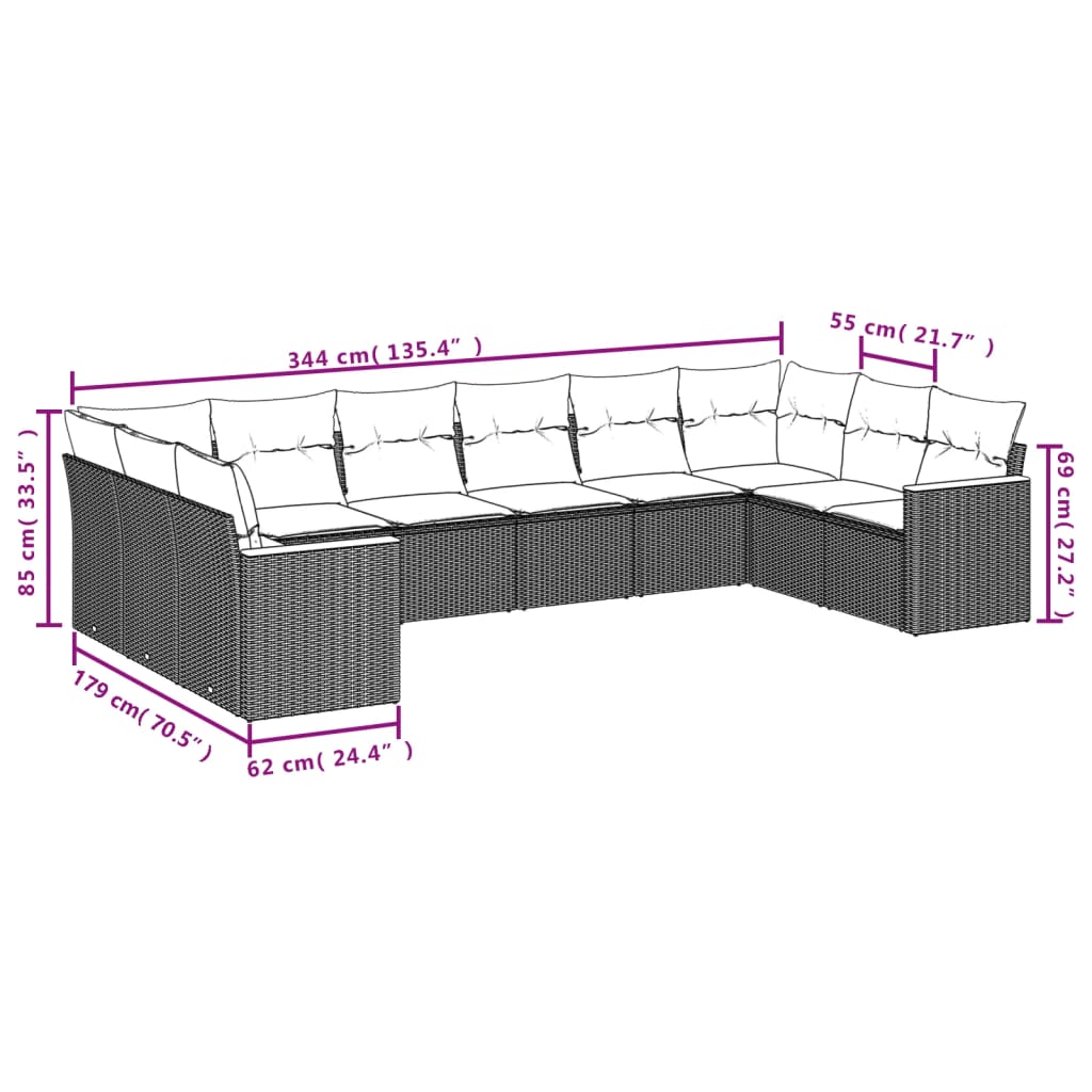 Set De Sofás De Jardín 10 Pzas Cojines Ratán Sintético Negro