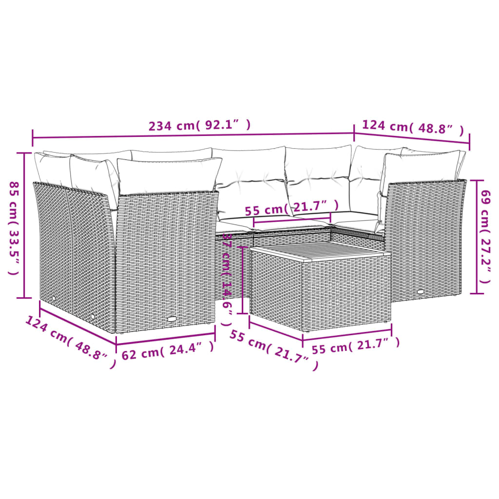 Set De Comedor De Jardín 7 Pzas Y Cojines Ratán Sintético