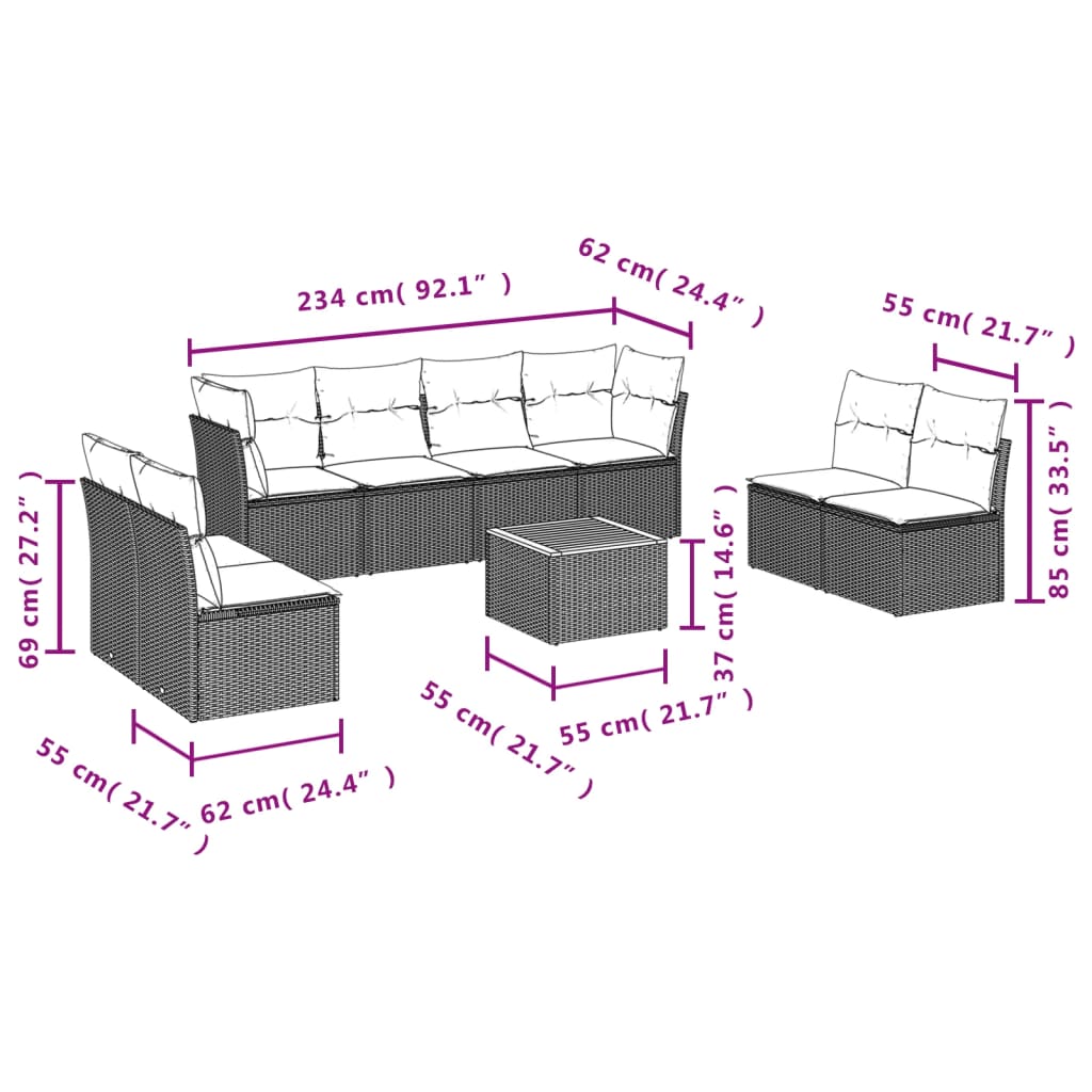 Set De Sofás De Jardín 9 Pzas Con Cojines Ratán Sintético Beige