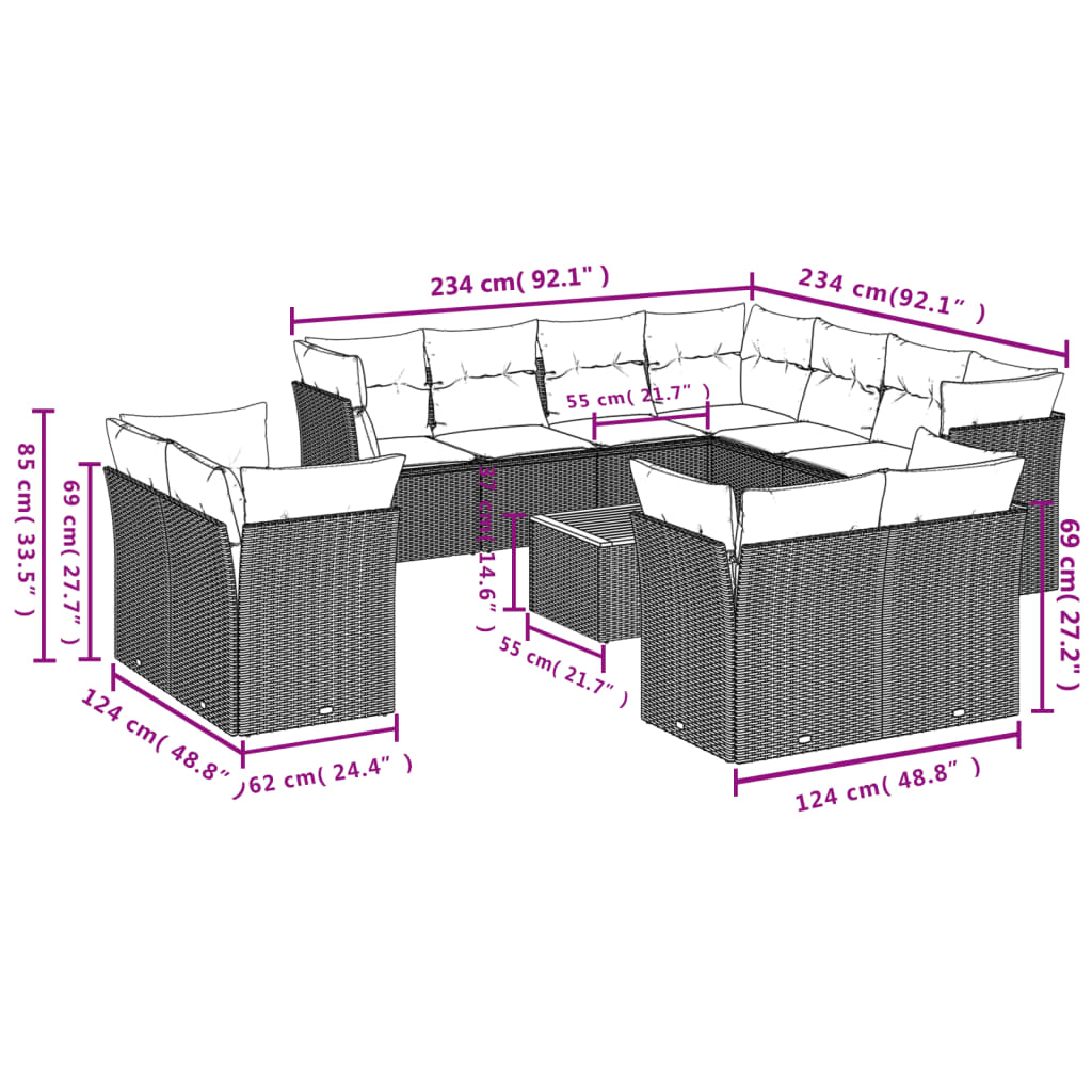 Set De Sofás De Jardín 12 Pzas Y Cojines Ratán Sintético Marrón
