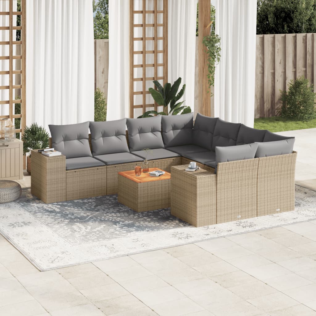Set De Sofás De Jardín 9 Pzas Con Cojines Ratán Sintético Beige