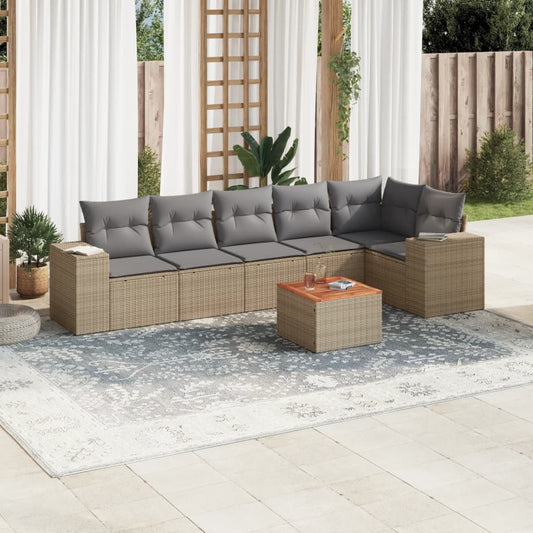 Set Sofás De Jardín 7 Piezas Y Cojines Ratán Sintético Beige