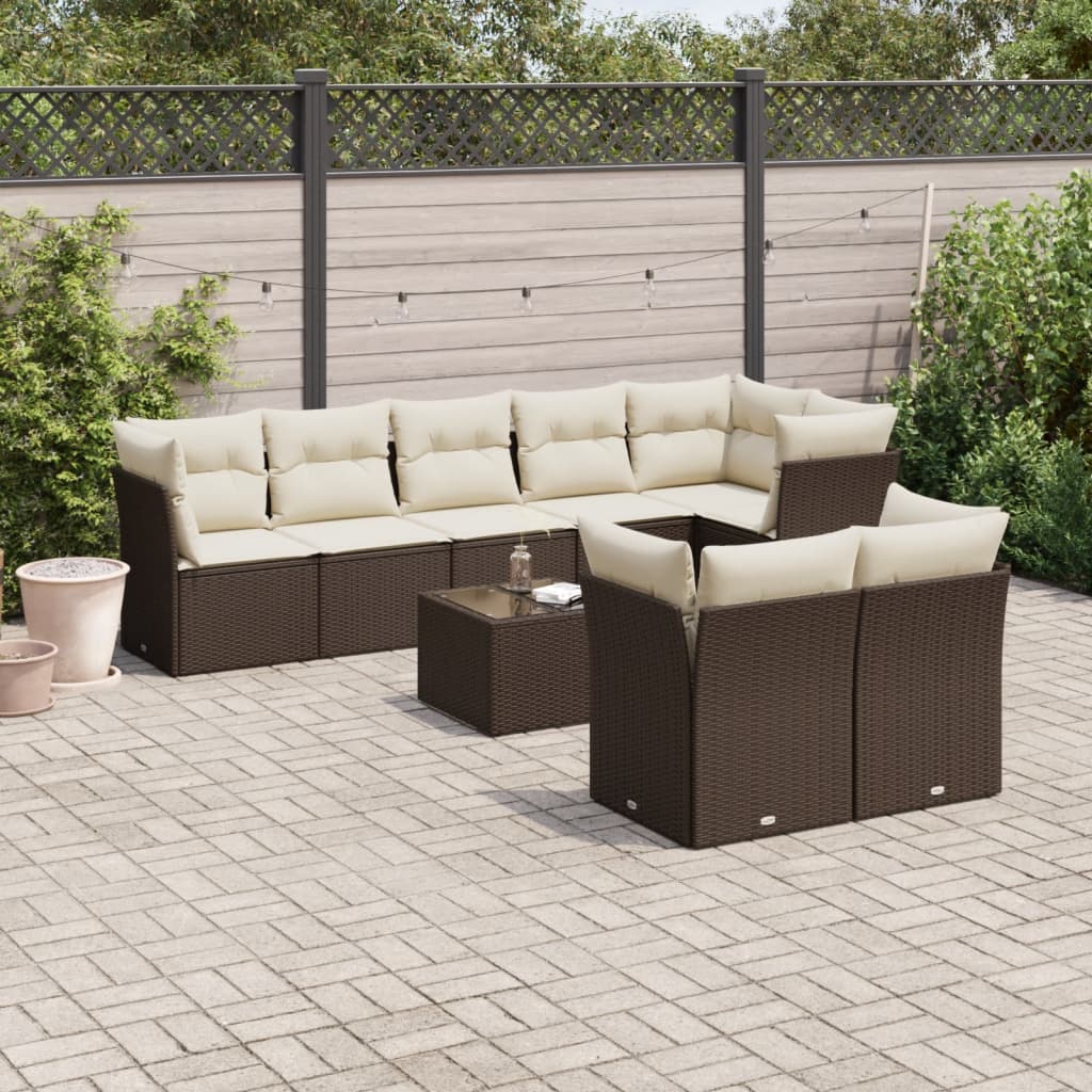 Set De Sofás De Jardín 9 Pzas Y Cojines Ratán Sintético Marrón