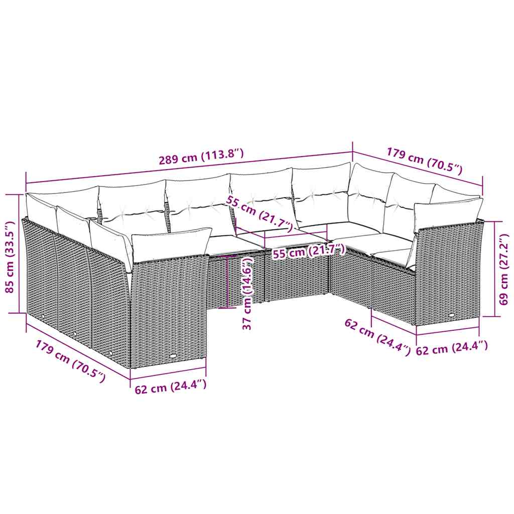 Set Muebles Jardín 9 Pzas Y Cojines Ratán Sintético