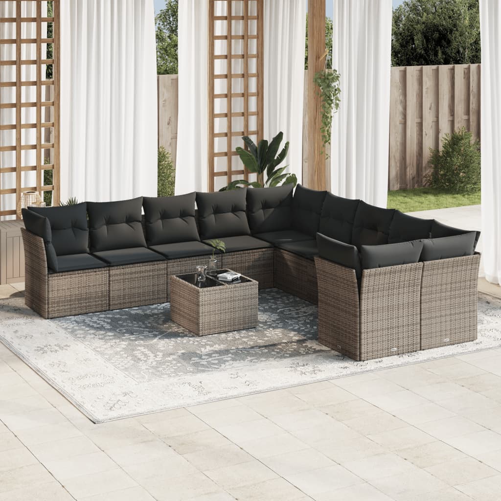 Set De Sofás De Jardín 11 Pzas Y Cojines Ratán Sintético Gris