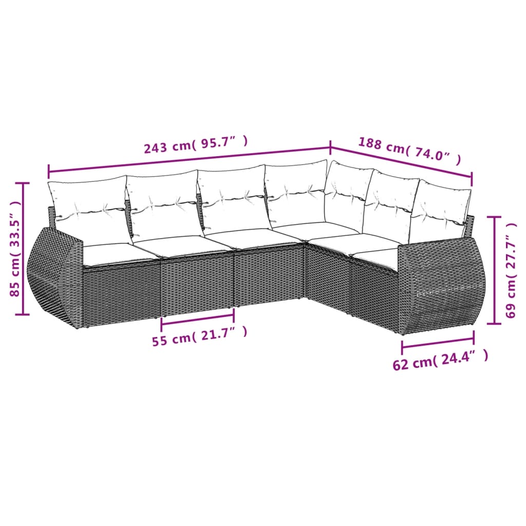 Set Sofás De Jardín 6 Piezas Y Cojines Ratán Sintético Marrón