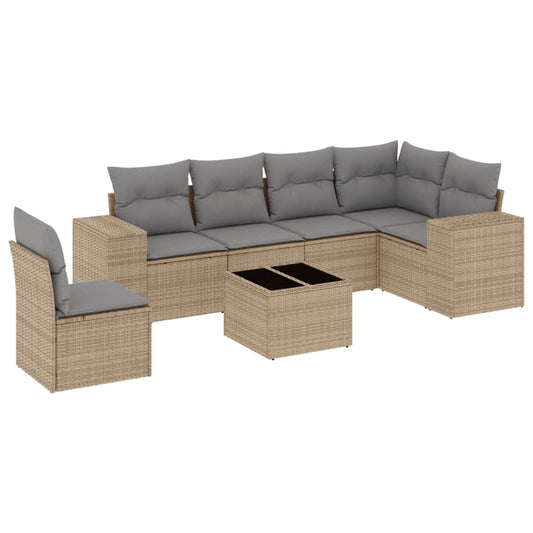 Set Sofás De Jardín 7 Piezas Y Cojines Ratán Sintético Beige