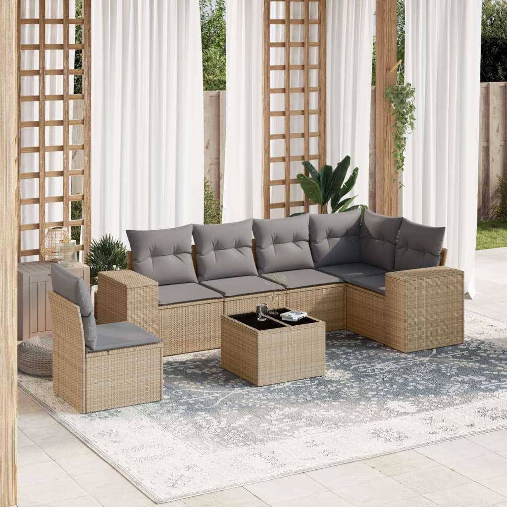 Set Sofás De Jardín 7 Piezas Y Cojines Ratán Sintético Beige