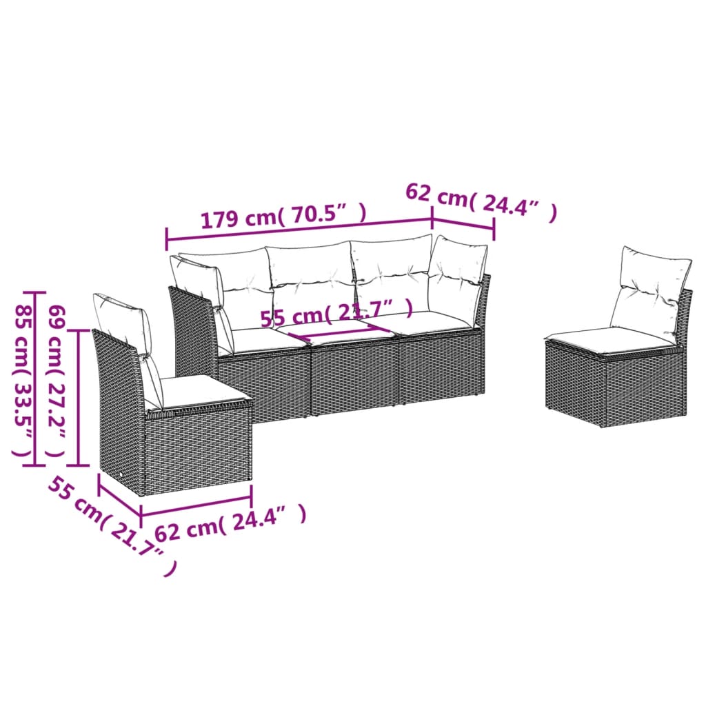 Set Comedor De Jardín 5 Piezas Y Cojines Ratán Sintético Marrón