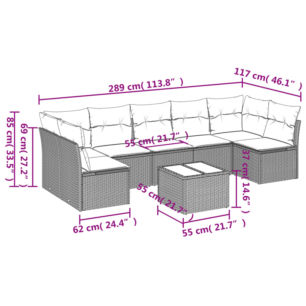 Set De Sofás De Jardín 8 Pzas Y Cojines Ratán Sintético Gris