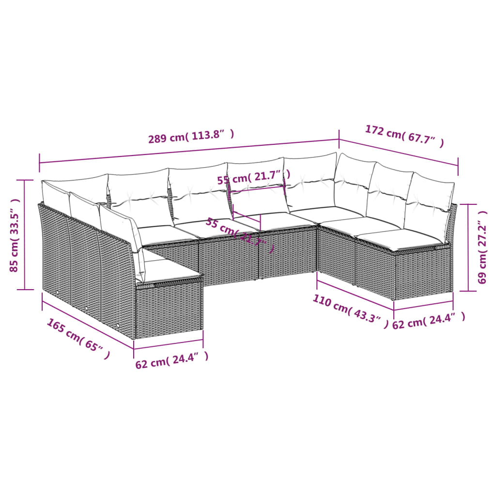 Set De Sofás De Jardín 9 Pzas Con Cojines Ratán Sintético Beige