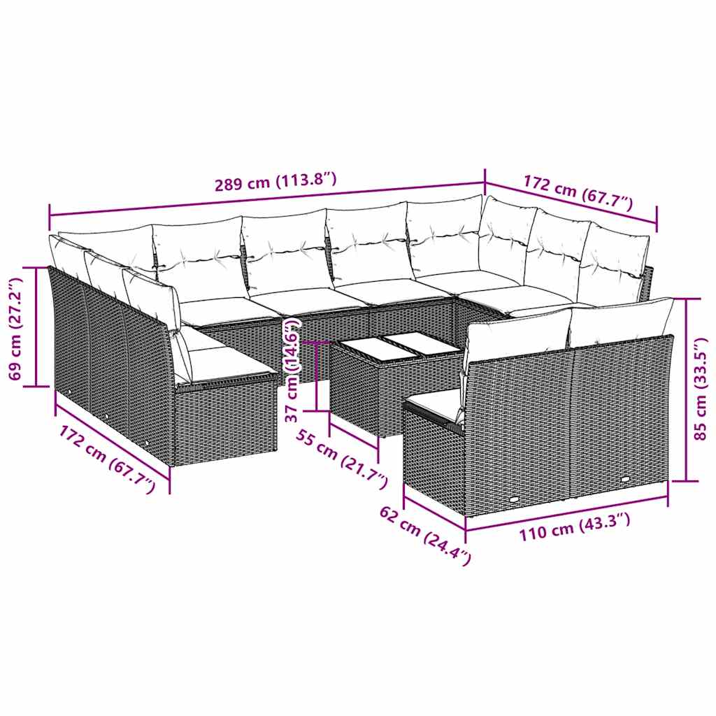Set De Sofás De Jardín 12 Pzas Y Cojines Ratán Sintético Gris