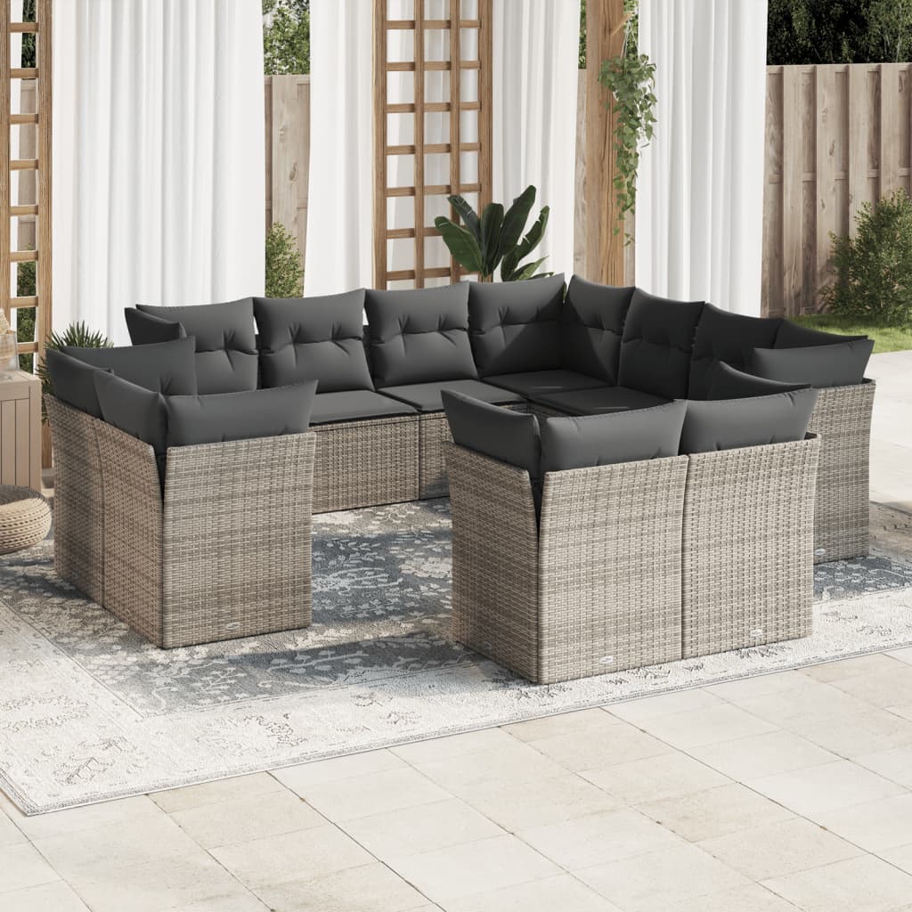 Set De Sofás De Jardín 11 Pzas Y Cojines Ratán Sintético Gris