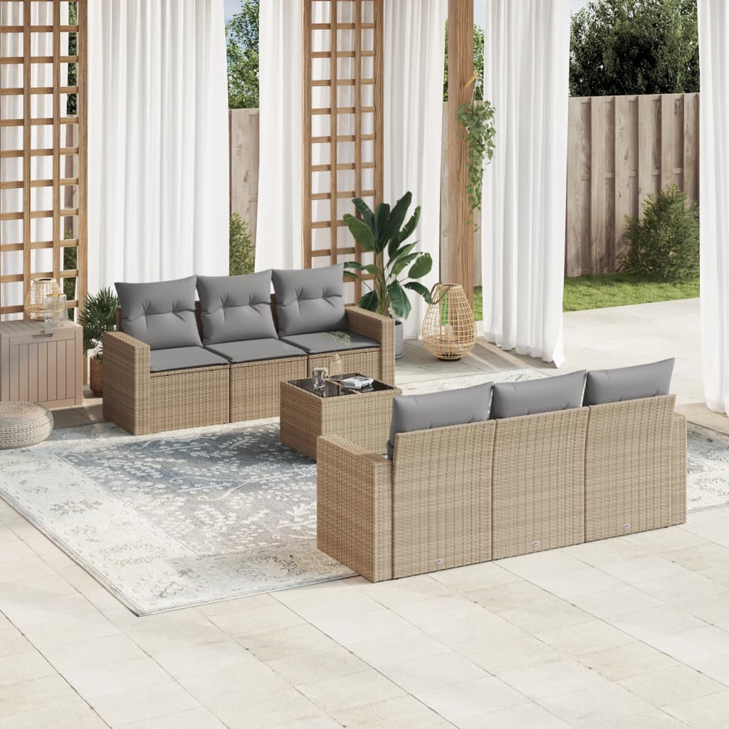 Set Sofás De Jardín 7 Piezas Y Cojines Ratán Sintético Beige