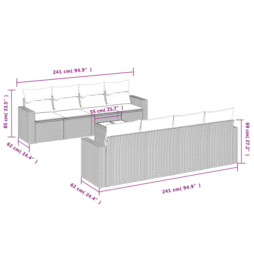 Set De Sofás De Jardín 9 Pzas Con Cojines Ratán Sintético Beige
