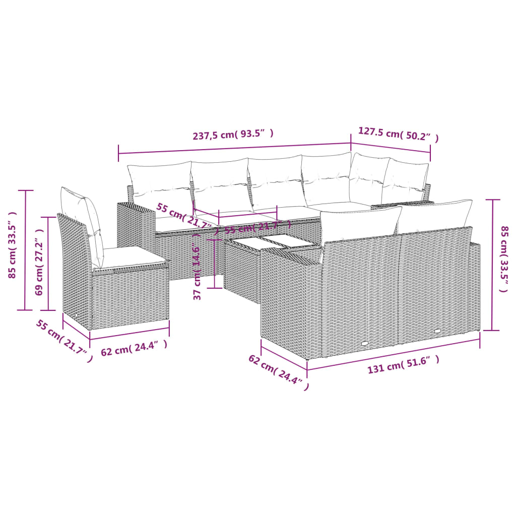 Set Muebles Jardín 9 Pzas Y Cojines Ratán Sintético