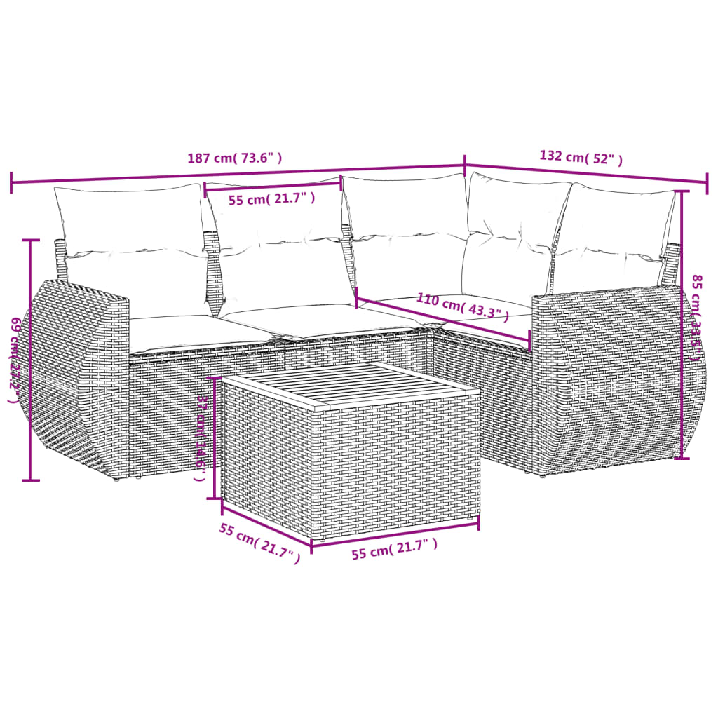 Set De Muebles De Jardín 5 Pzas Y Cojines Ratán Sintético Negro