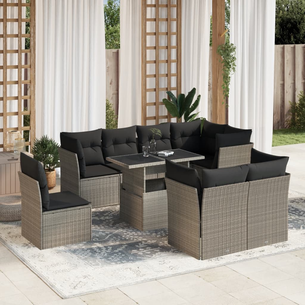 Set De Sofás De Jardín Con Cojines 9 Pzas Ratán Sintético Beige
