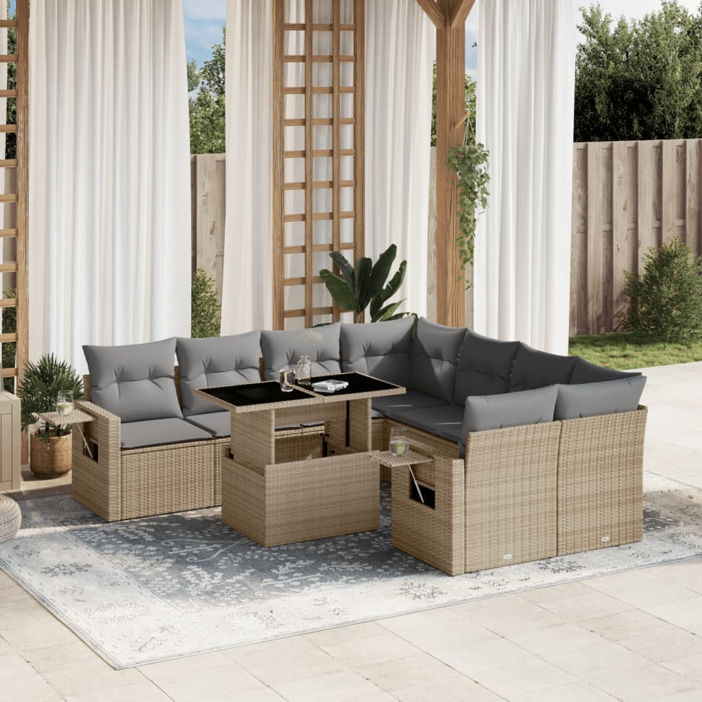 Set De Sofás De Jardín Con Cojines 9 Pzas Ratán Sintético Beige