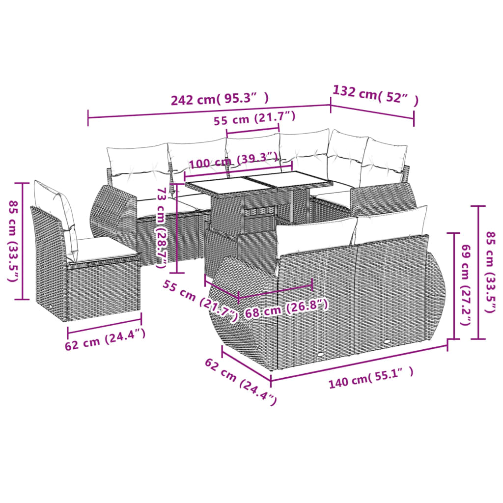 Set De Sofás De Jardín 9 Pzas Y Cojines Ratán Sintético Marrón