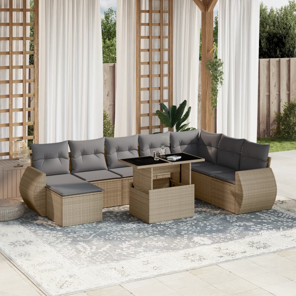 Set De Sofás De Jardín 9 Pzas Y Cojines Ratán Sintético Marrón