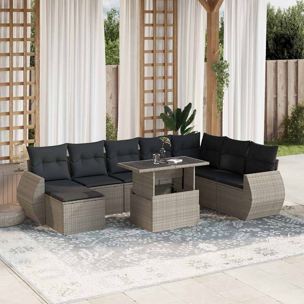 Set De Sofás De Jardín 9 Pzas Y Cojines Ratán Sintético Marrón