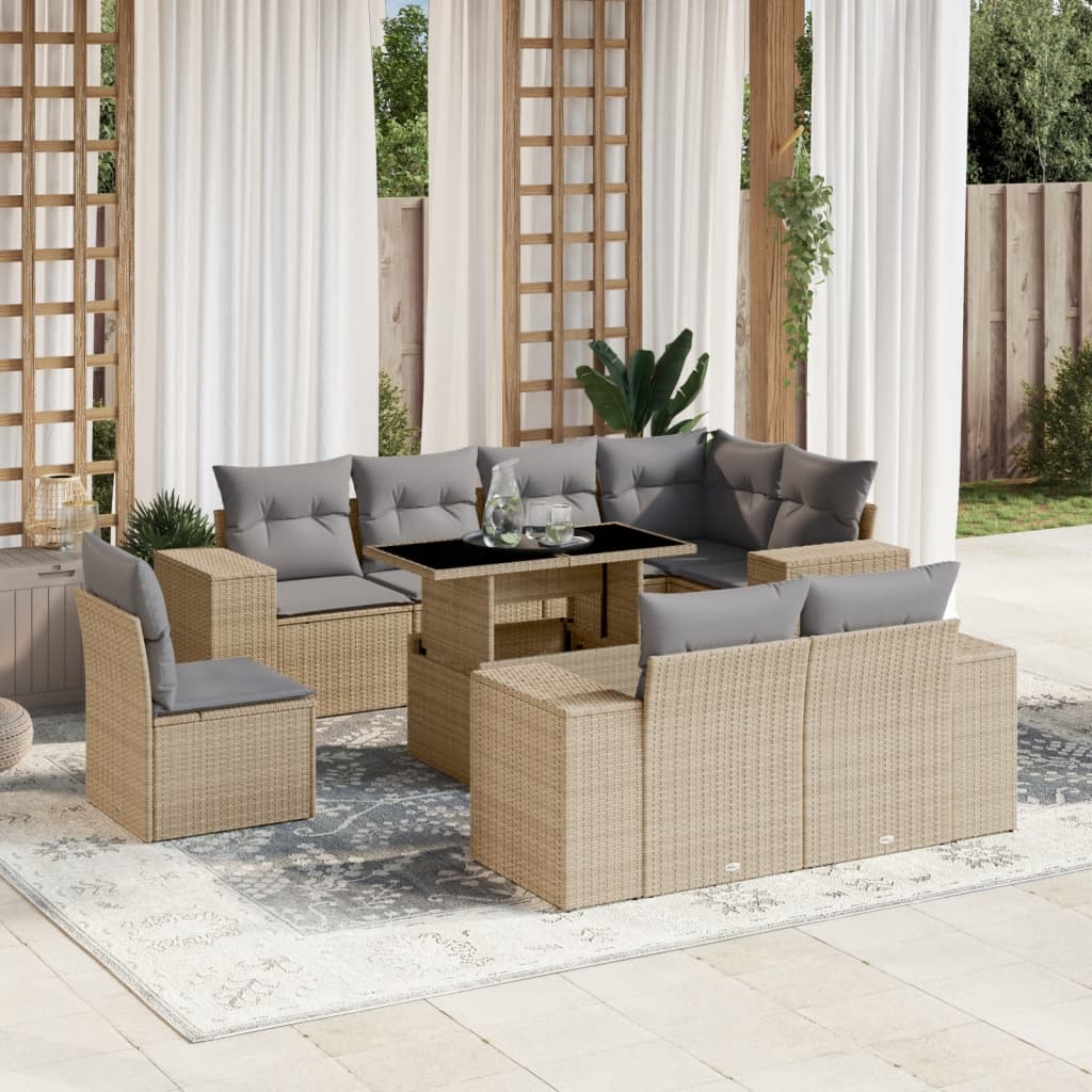 Set De Sofás De Jardín 9 Pzas Y Cojines Ratán Sintético Marrón