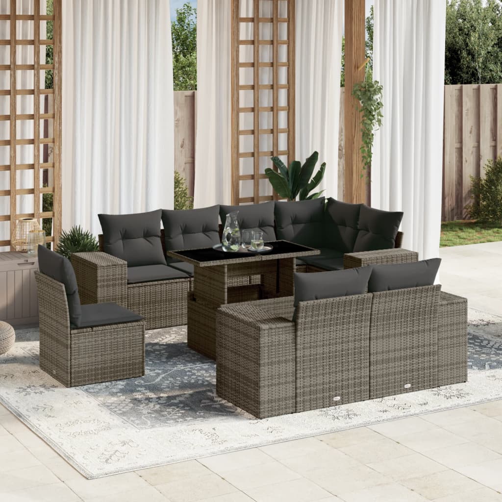 Set De Sofás De Jardín 9 Pzas Y Cojines Ratán Sintético Marrón