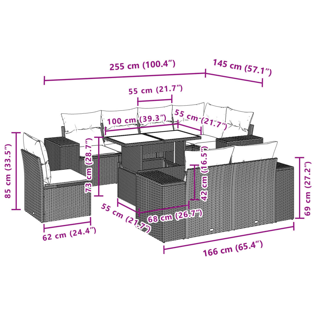 Set De Sofás De Jardín 9 Pzas Y Cojines Ratán Sintético Marrón