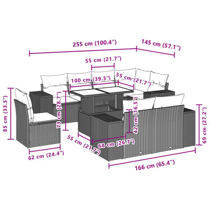 Set De Sofás De Jardín 9 Pzas Y Cojines Ratán Sintético Marrón