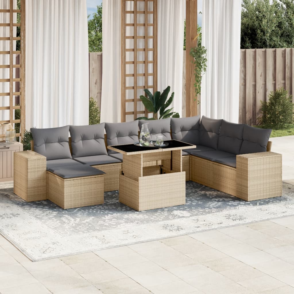 Set De Sofás De Jardín 9 Pzas Y Cojines Ratán Sintético Marrón