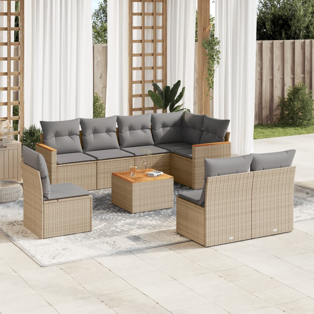 Set De Sofás De Jardín 9 Pzas Con Cojines Ratán Sintético Beige