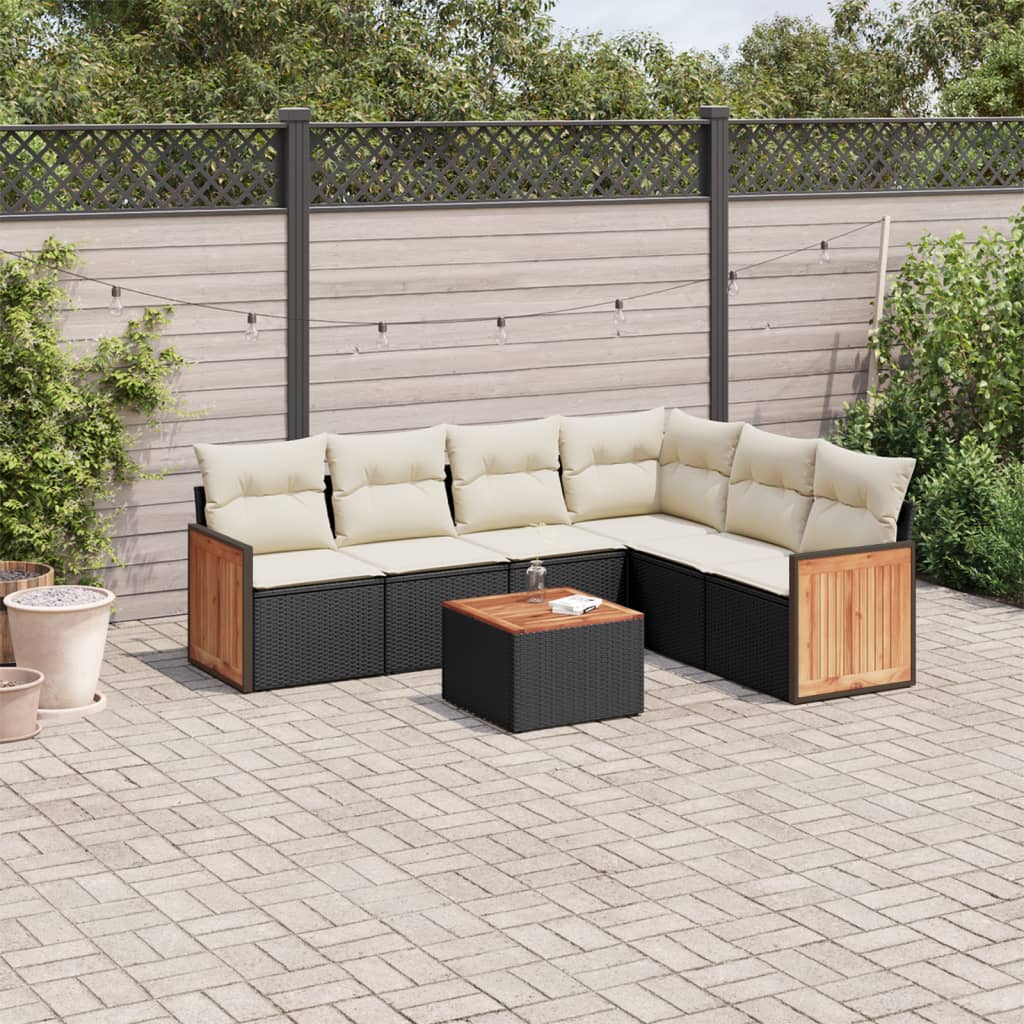 Set De Comedor De Jardín 7 Pzas Y Cojines Ratán Sintético Negro