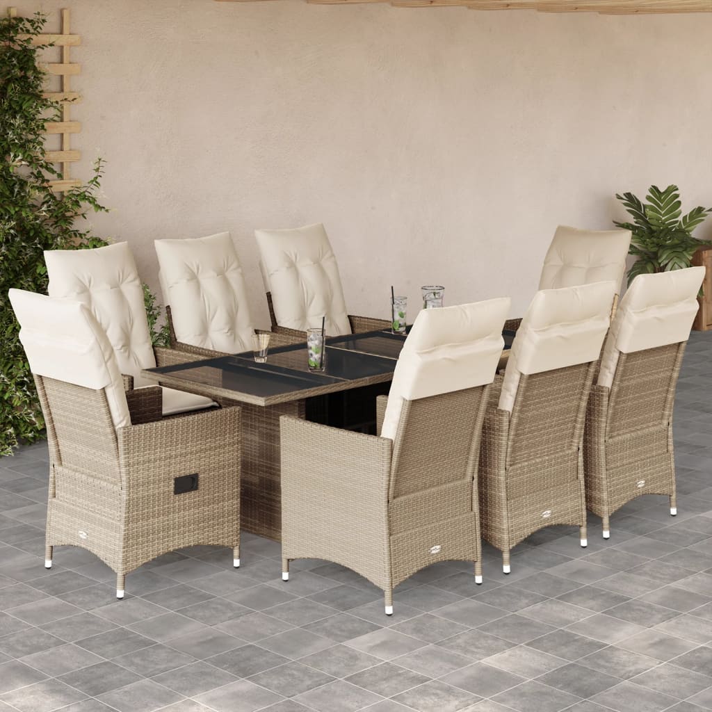 Set Comedor De Jardín 9 Pzas Con Cojines Ratán Sintético Beige