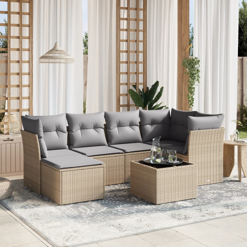 Set Sofás De Jardín 7 Piezas Y Cojines Ratán Sintético Beige